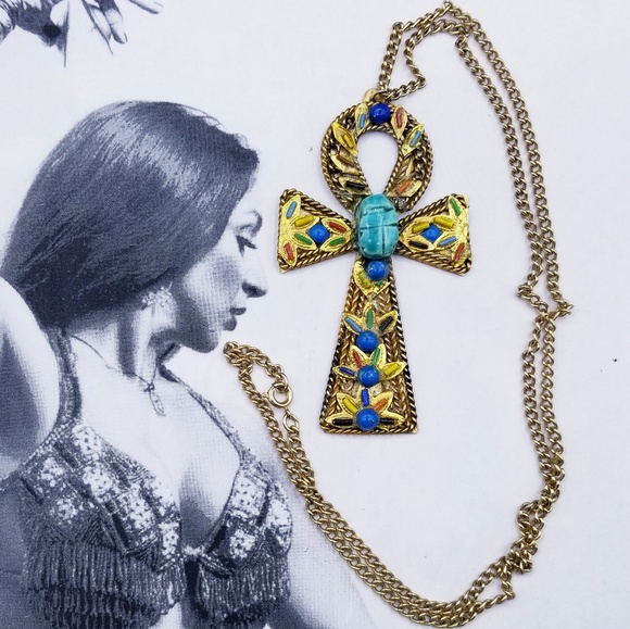 Vintage Jewelry - Vintage Gold tone Egyptian Beaded Anhk Necklace